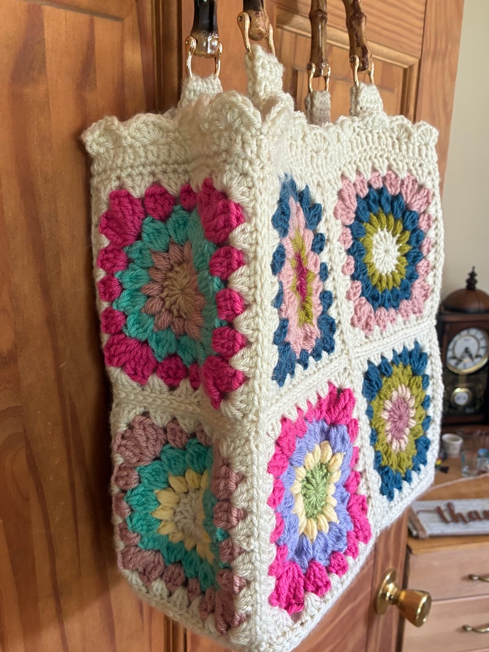 Handmade Crochet Square Tote Bag with Bamboo Handles - Cream Multi - Picture 3 of 5